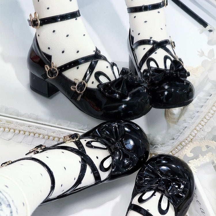 Black with Shoes Round in Bow Low-heel Accent Toe PU Leather