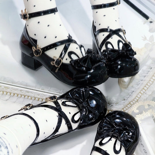 Black with Shoes Round in Bow Low-heel Accent Toe PU Leather