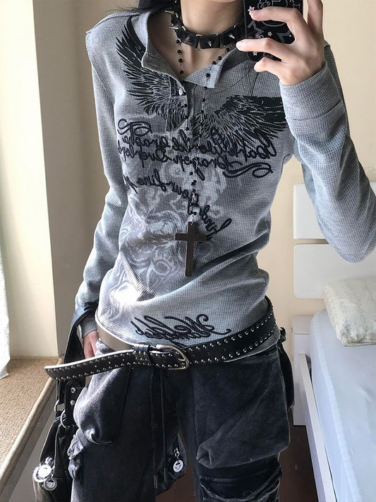 Neck Henley Top Print Tribal Letter Vintage Embroidery with Gray