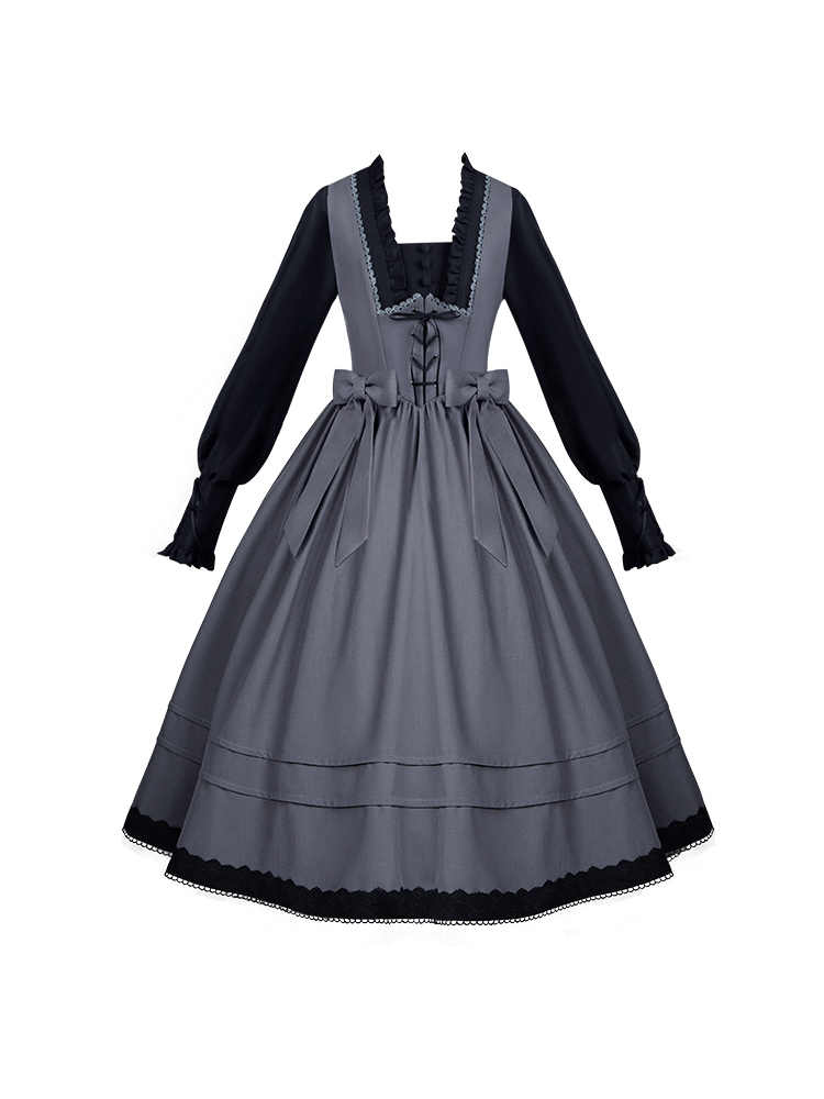 Elegantes Lolita-Kleid mit quadratischem Ausschnitt und langen Bischofsärmeln in Schwarz und Grau