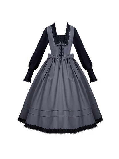 Elegantes Lolita-Kleid mit quadratischem Ausschnitt und langen Bischofsärmeln in Schwarz und Grau
