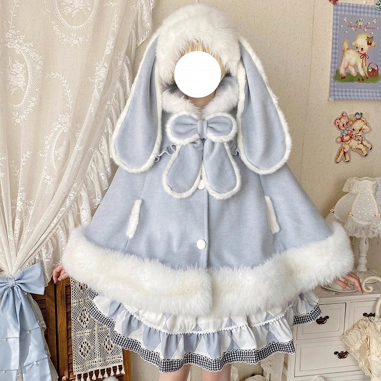 Coat with and Winter Bunny Lolita Blue Lining Sweet Ears Plush Cape