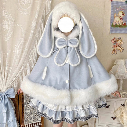 Coat with and Winter Bunny Lolita Blue Lining Sweet Ears Plush Cape