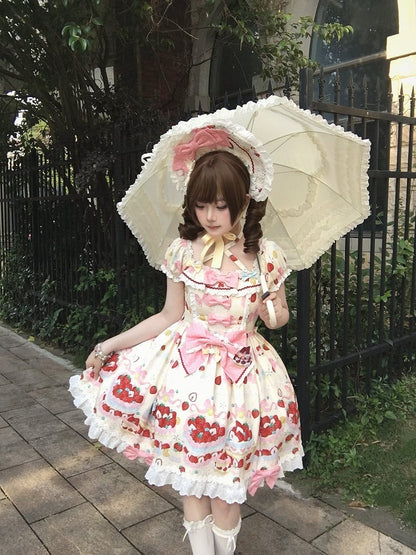 Lolita Kurzes, einteiliges, süßes Kleid mit weißen Ärmeln und cremigem Erdbeerdruck