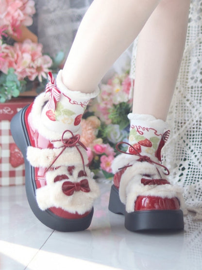 Red Decor Bow Bear Embellishments Lolita Sweet Shoes Wine Ear in Platform PU