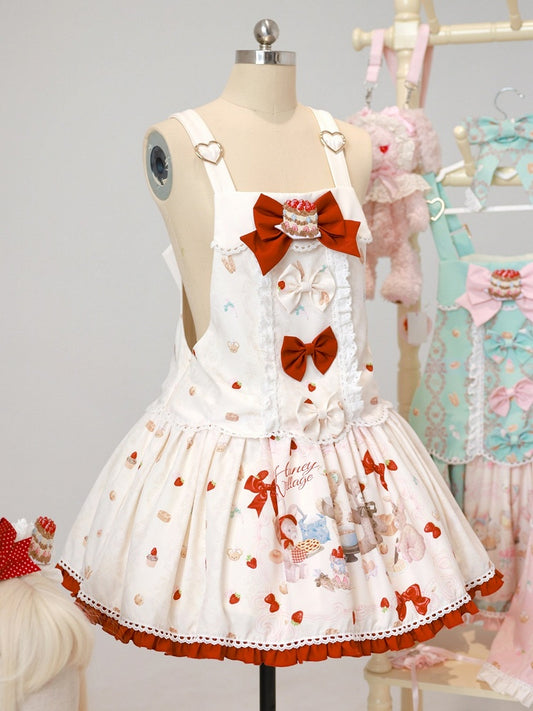 Beige Bear & Strawberry Print Adjustable-Strap Jumper Dress - Honey Village