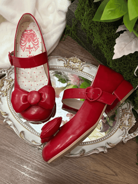 PU Janes Toe Mary Top Lolita Heart Bow - at Buckle Round Red