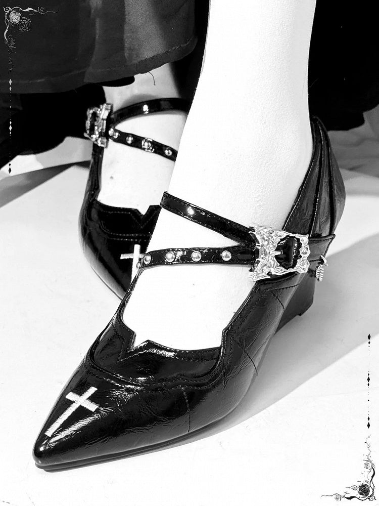 Toe Gothic Heel Black Jane Pointed Dark Mary Embroidery Cross Shoes Chunky 7cm