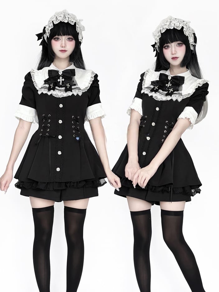 mit Stil Kurzes Jirai - Ärmel und Lätzchen Kei Weißes Kleid Krawattenset Schwarze Nonnenschleife