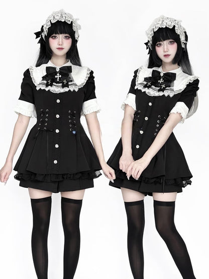 mit Stil Kurzes Jirai - Ärmel und Lätzchen Kei Weißes Kleid Krawattenset Schwarze Nonnenschleife