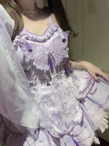 Sleeves with Fairy and Decorated Lolita Tassels Butterfly Ruffle Purple Cascading Jumper Skirt
