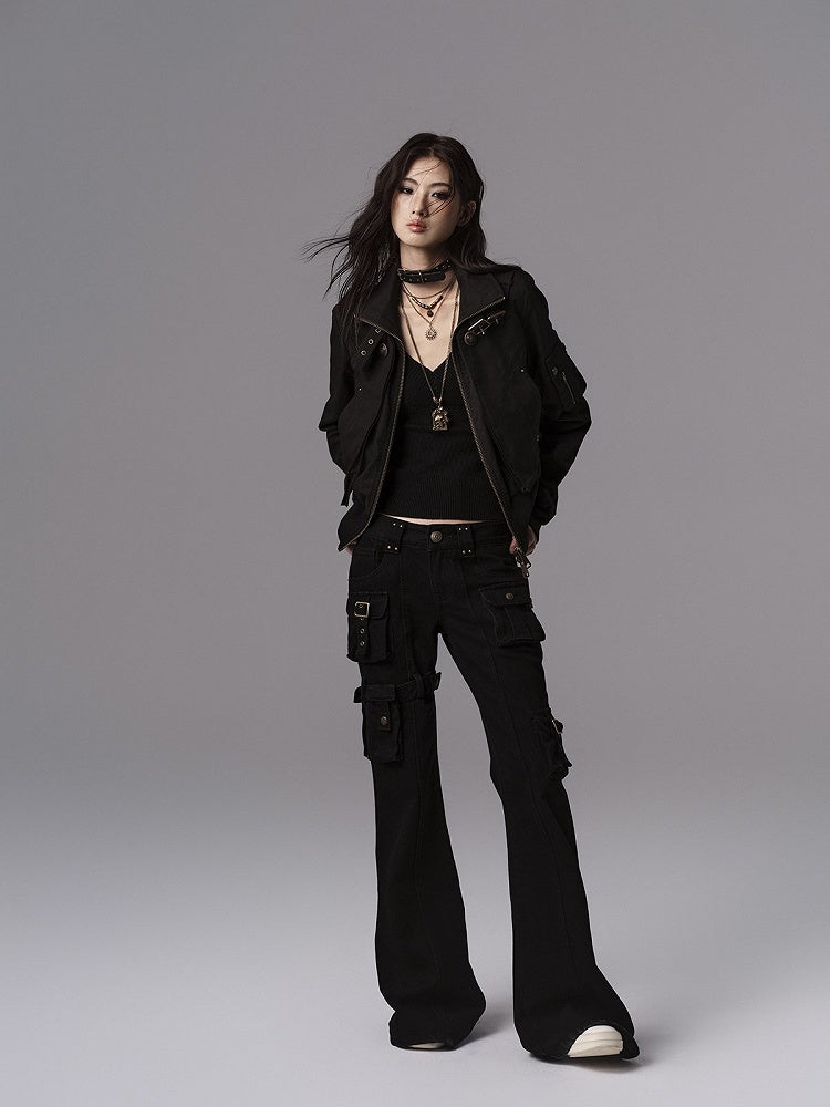 Pants - Vintage Silhouette Cargo Flare Pocket Detachable Black