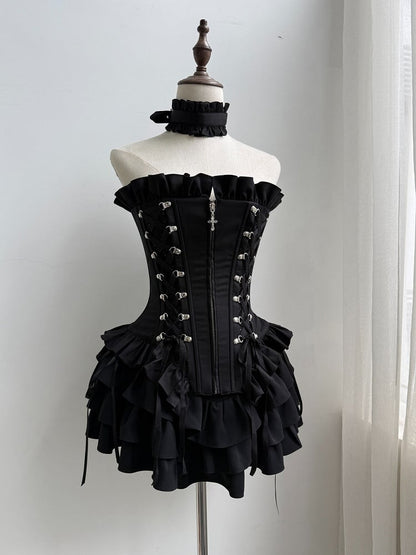 Lace-Up Boned Corset Top with Ruffle Accents - Moonveil Manuscript