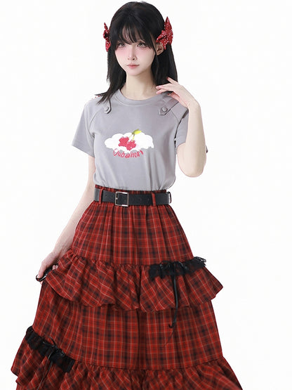 Round Neck Gray Cherry Print T-Shirt