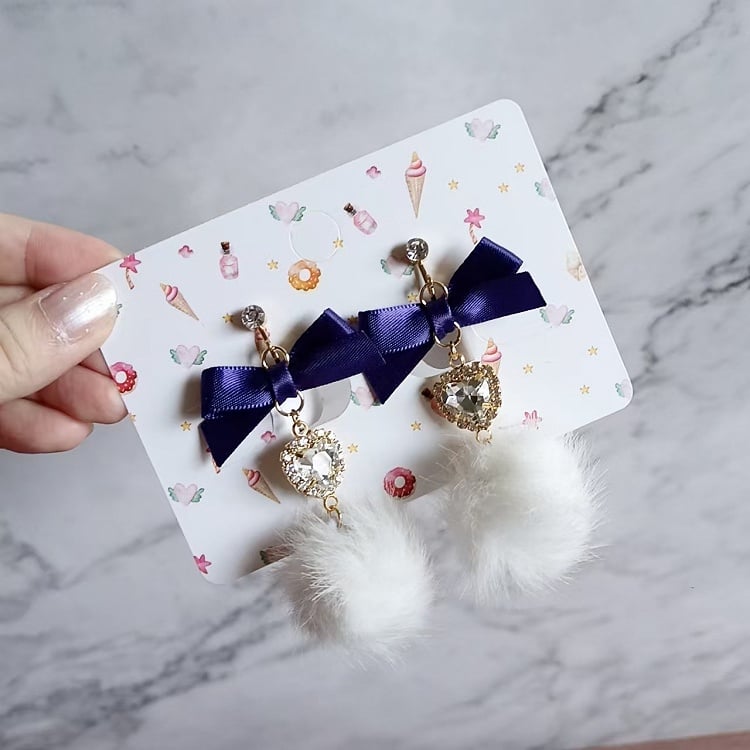 Pom-pom Kei Jirai Options Rhinestone Earrings 5 Bowknot Heart Color