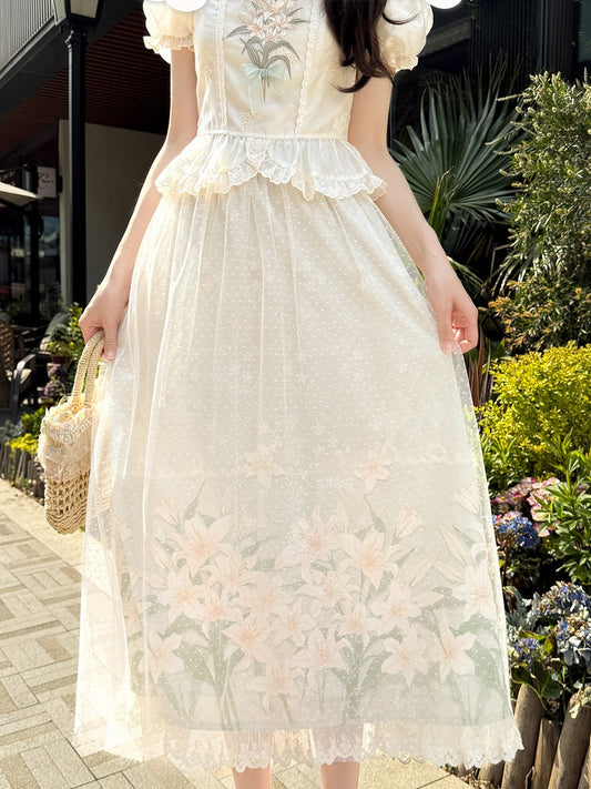 Skirt Beige Elastic Waist Lily Print Cottagecore with Country Overlay Mesh