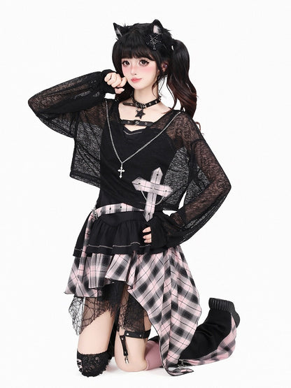 Black & Pink Plaid Asymmetric Hem Cami Dress - CRAZY GIRL