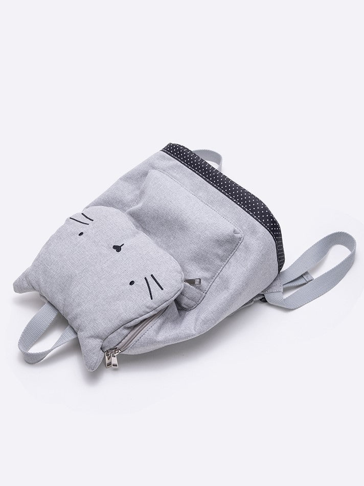 Charming Grey Cat-Ear Flap Backpack With Embroidered Kawaii Kitten Design