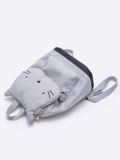 Kawaii Flap Backpack Charming Cat-Ear Kitten Grey With Design Embroidered