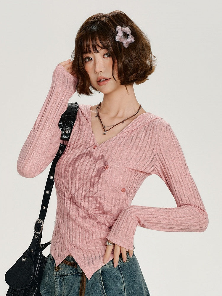 Printed Long Sleeve Hooded Top with Asymmetrical Hemline - Girlyhalo
