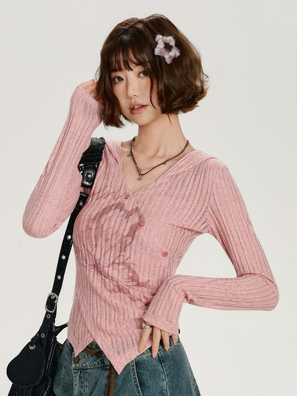 Printed Long Sleeve Hooded Top with Asymmetrical Hemline - Girlyhalo