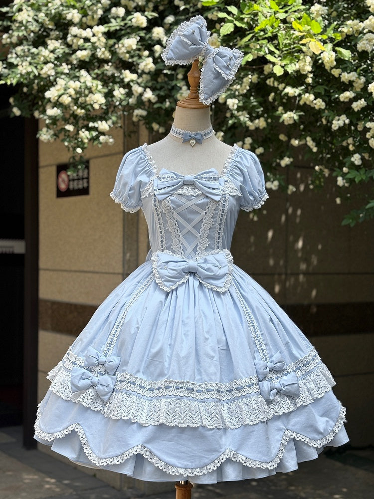 und kurzes Stück blau One Neckline Puff Old Lolita School Ärmel Baumwollkleid Square
