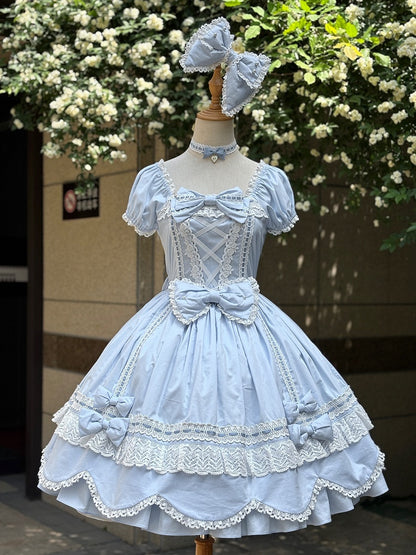 und kurzes Stück blau One Neckline Puff Old Lolita School Ärmel Baumwollkleid Square