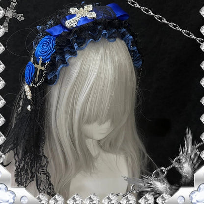 Gothic Hairband Lace Blue Lolita and Black Cross Pearl