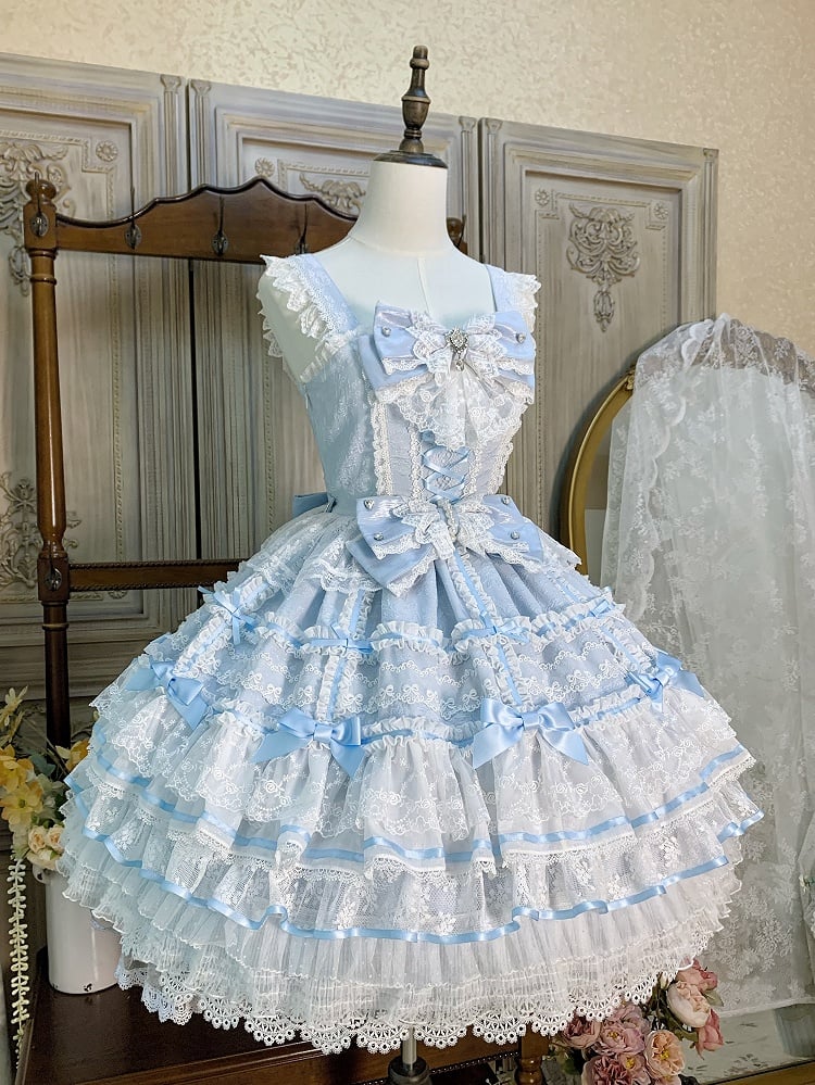 Blauer Lagenrock Hanayome-Kleid Süßer Hime Lolita-Pulloverrock mit abnehmbaren Schleifen
