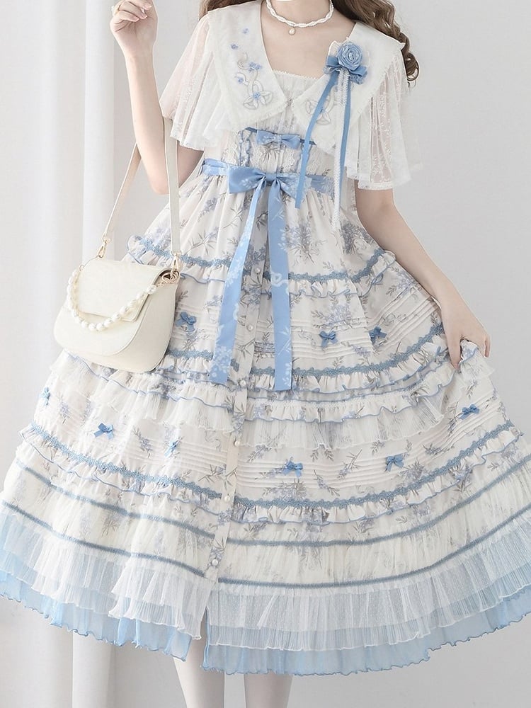 Floral Layered Ruffles Long Elegant Lolita White Version Print Dress Blue Classic