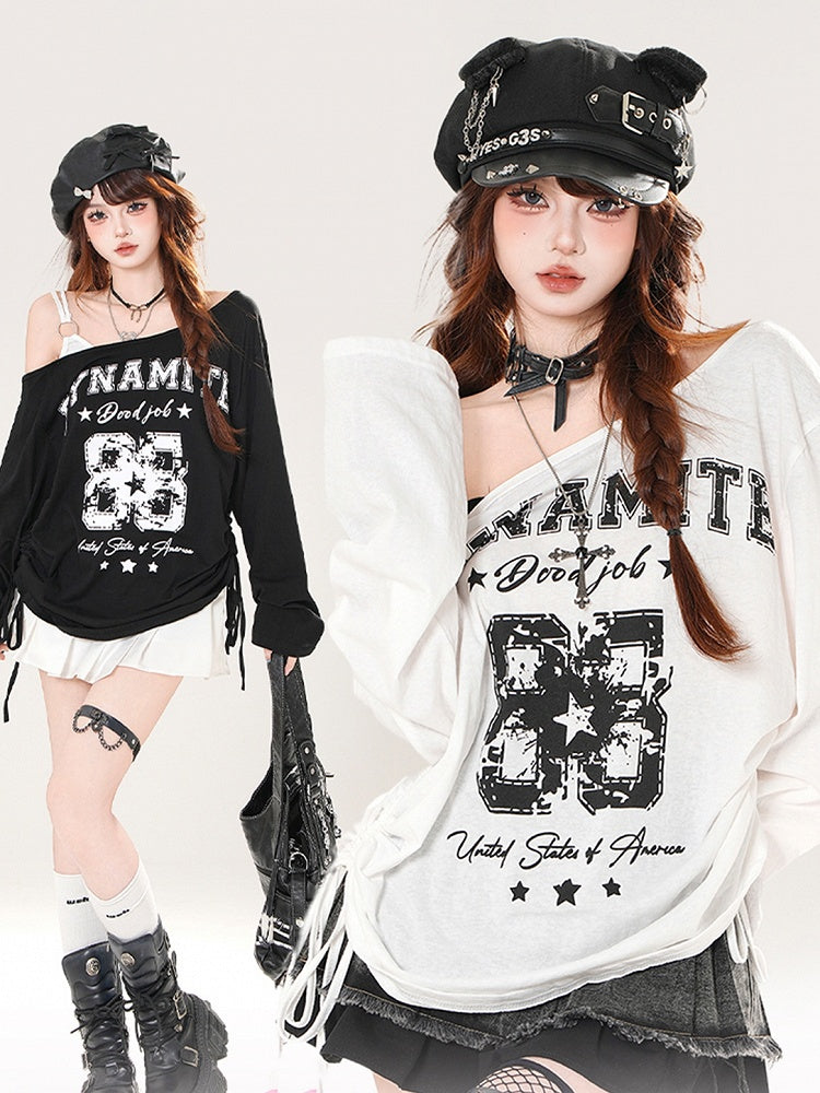 Asymmetrischer Ausschnitt Zahlen- und Buchstabendruck Kordelzug an der Seite