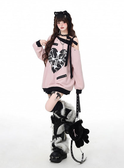 Pink Asymmetrical Neckline Top with Self-Tie Straps & Heart Cross Print - CRAZY GIRL