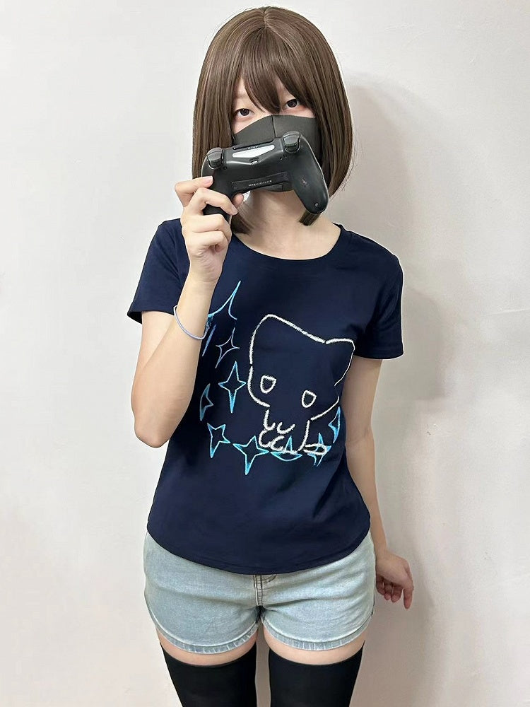 ラウンドスターブルーネックキャットTシャツダークケイジライプリントと