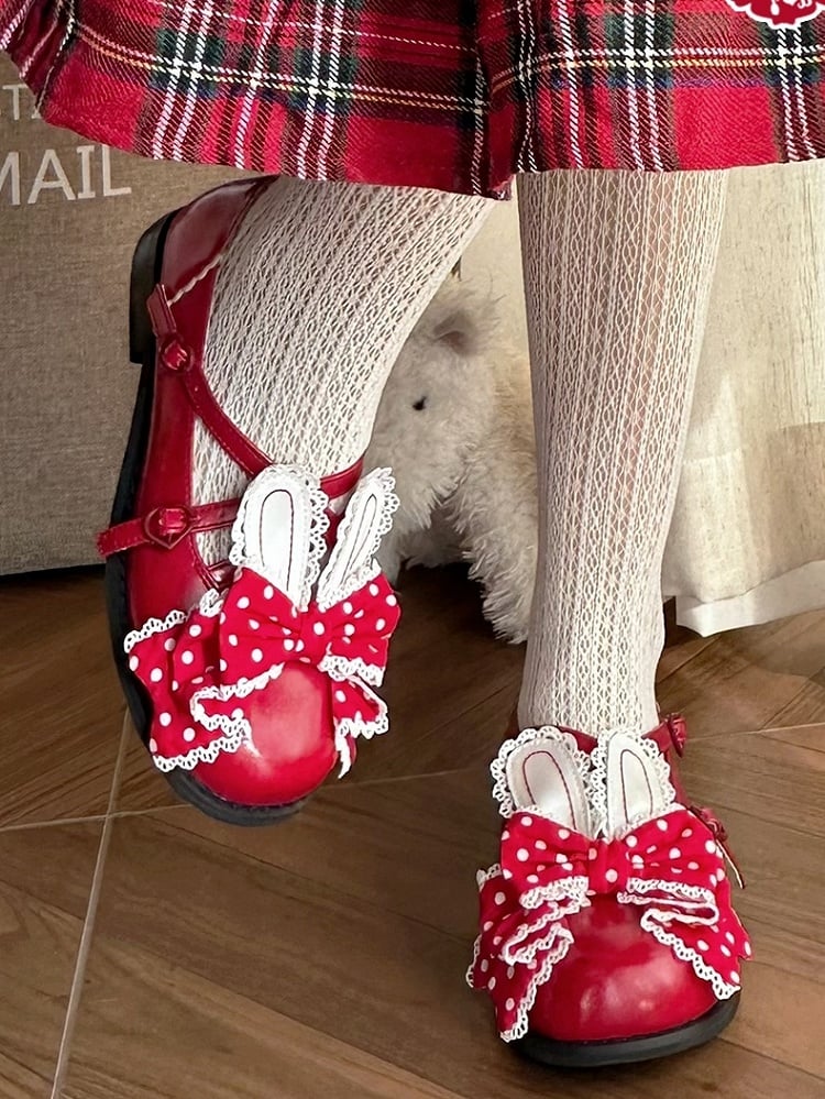 Ear Red Bunny Lolita Polka-dot Pattern Shoes at Crisscross Top Design Bow