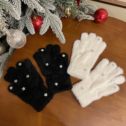 Schwarz/Weiße Lolita Star Plüschhandschuhe