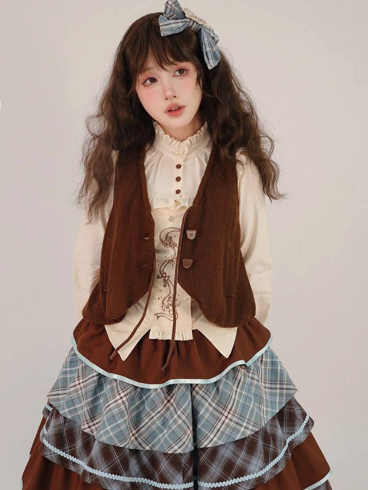 Beige with Lolita Ruffle Sweet Embroidery Bear Blouse Neckline