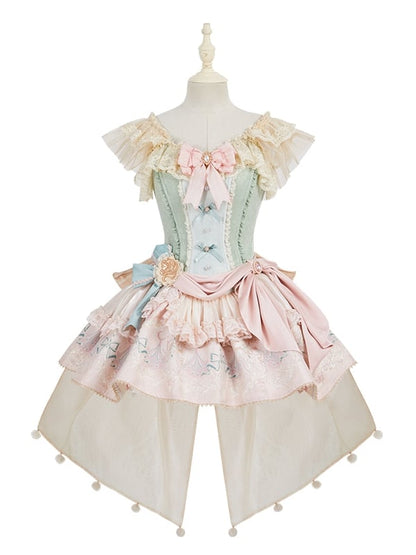 Green Jacquard Boned Bodice Pink Carousel Pattern Skirt Lolita Dress with Big Bow Train