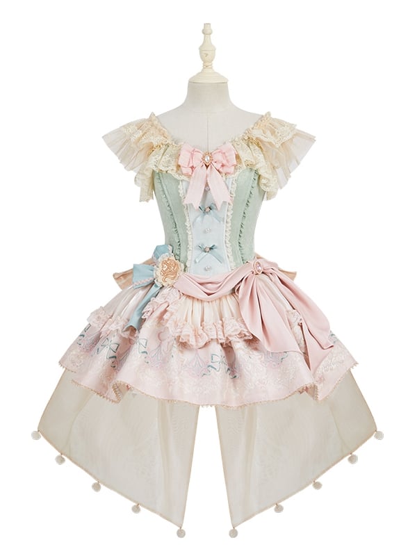 Grünes Jacquard-Mieder mit Stäbchen, rosa Lolita-Kleid mit Karussellmuster und großer Schleifenschleppe