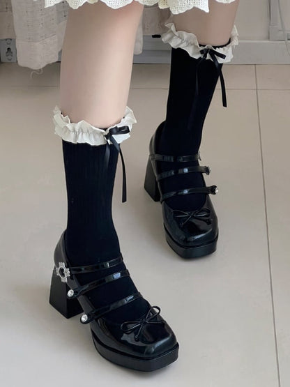 Black Sweet Bowknot Ruffled Cuff Calf Socks