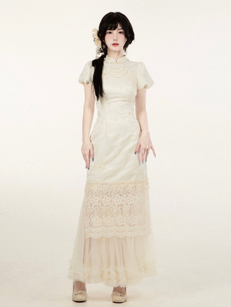 Jacquard Dress Set Panel Hem Lace Qi Full Slit Banded Butterfly Side Qipao Lolita Collar