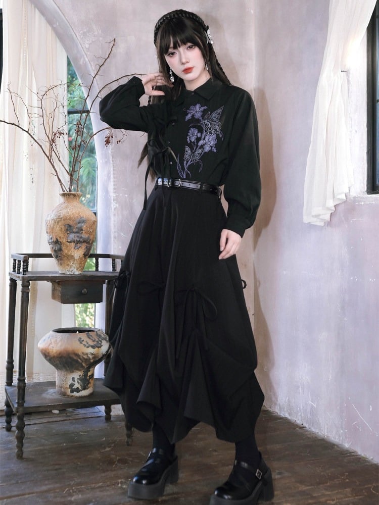 Gothic Long-Sleeve Shirt with Asymmetric Placket & Iris Print in Black Purple - Quirky Hut