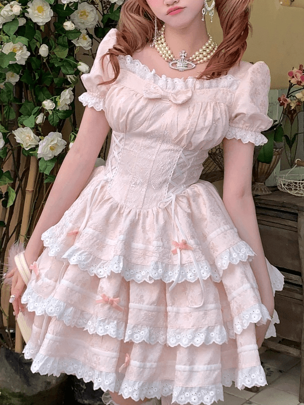 Sweet Waist Pink Ruffle Skirt Basque Triple-Tiered Lace-Up and with Sleeves Dress Puff