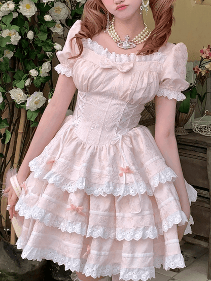 Sweet Waist Pink Ruffle Skirt Basque Triple-Tiered Lace-Up and with Sleeves Dress Puff