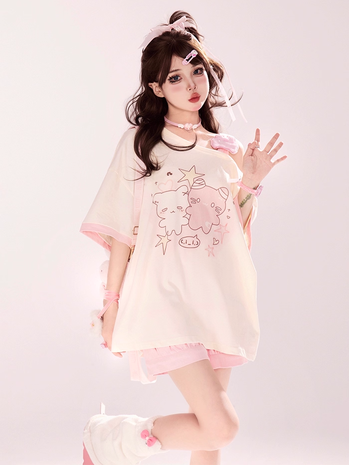 T-Shirt mit asymmetrischem Ausschnitt und Cartoon-Kätzchen-Print, Rosa/Blau/Schwarz