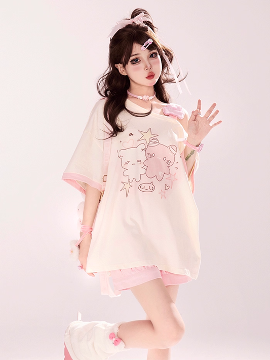 T-Shirt mit asymmetrischem Ausschnitt und Cartoon-Kätzchen-Print, Rosa/Blau/Schwarz