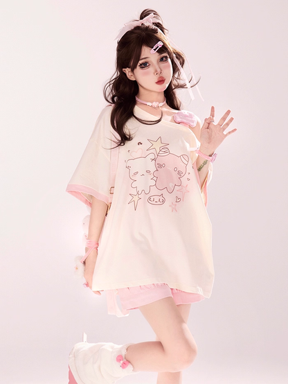 Elastic Waist Shorts Paw Embroidery Pink/Blue/Black Kitty