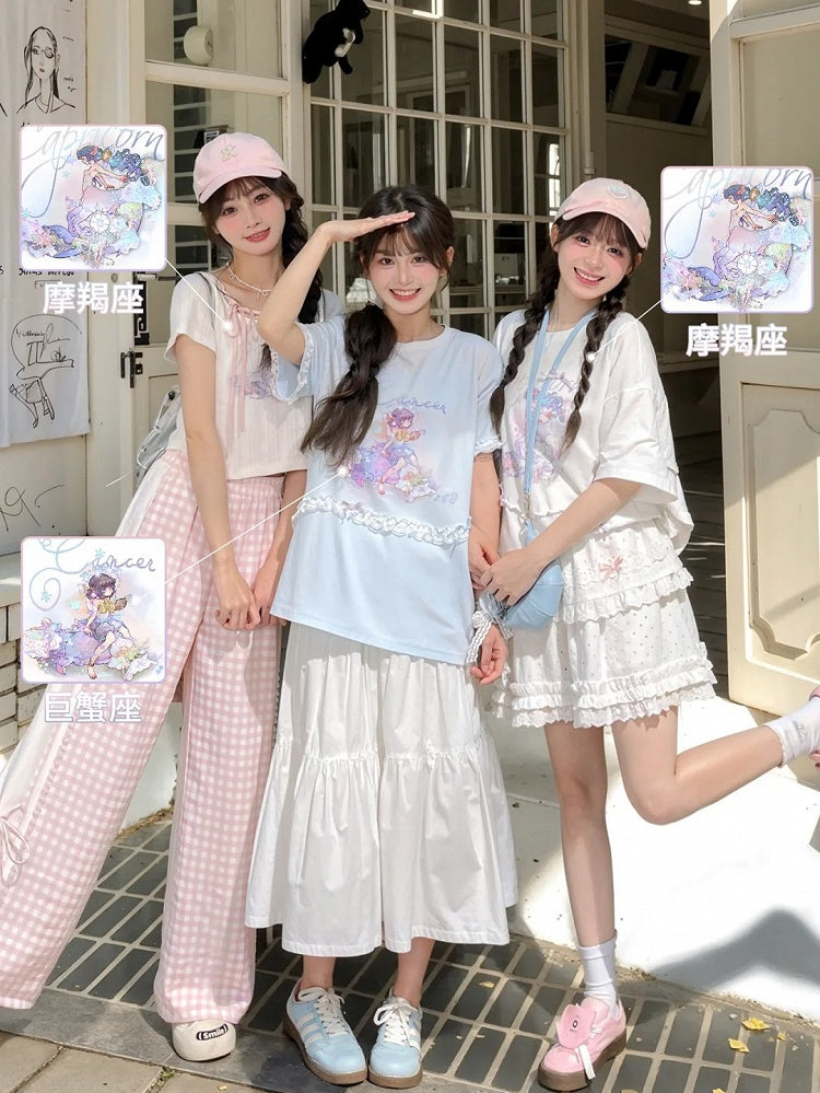 ロング/ショート 山羊座 星座プリント ホワイト コットン Tシャツ バージョン