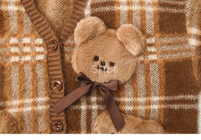 Brown Cute Cookie Bear Adorned Plaid Loose Cardigan
