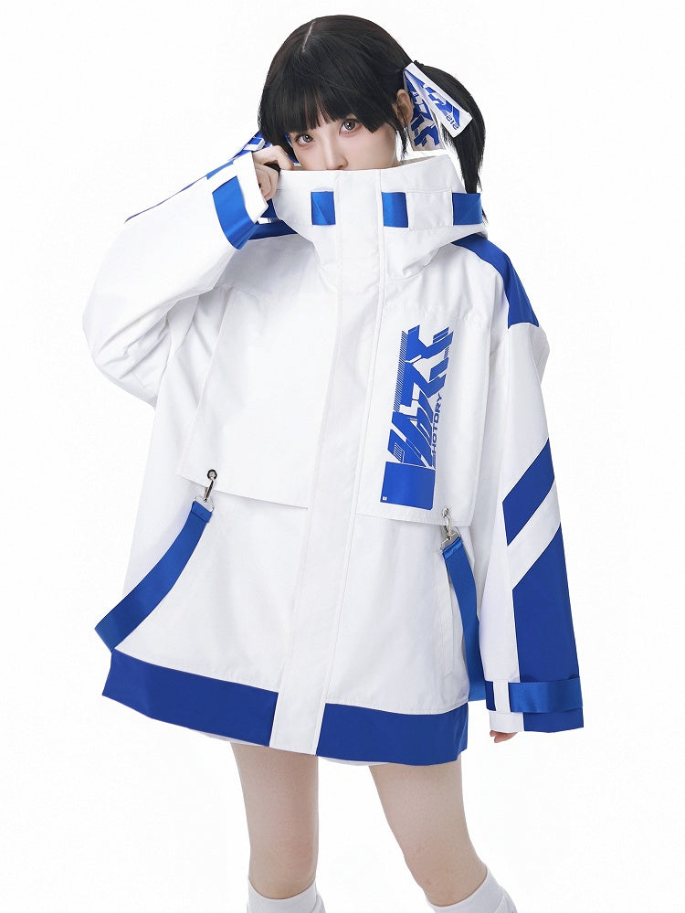 Blue and White Jirai Kei  Techwear Straps Design Hooded Windbreaker Jacket