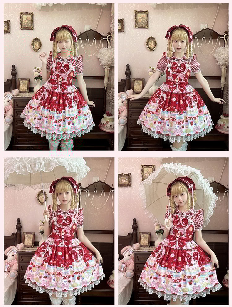 スイートなチェック柄ブラウス（レッド/ピンク）ピーターパンカラー レーストリム ロリータ